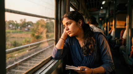 Fototapeta premium Young woman looks thoughtfully out window of local train in india during sunset, reflecting on passing landscape with calm emotion
