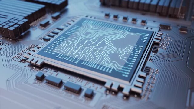 Close-up of a computer microchip on a circuit board. Essential component for modern technology, powering devices and enabling digital communication