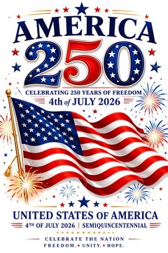 Celebrating 250 years of american freedom with a patriotic flag and fireworks on white background