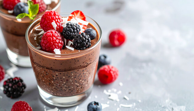 Chocolate chia pudding parfait in glass, fresh berries and coconut garnish, tasty dessert, sweet food, wellness aesthetic, natural daylight. Close-up.
