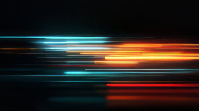 Glowing neon blue and orange light trails on a dark background, often used to visualize high speed data flow or futuristic concepts.