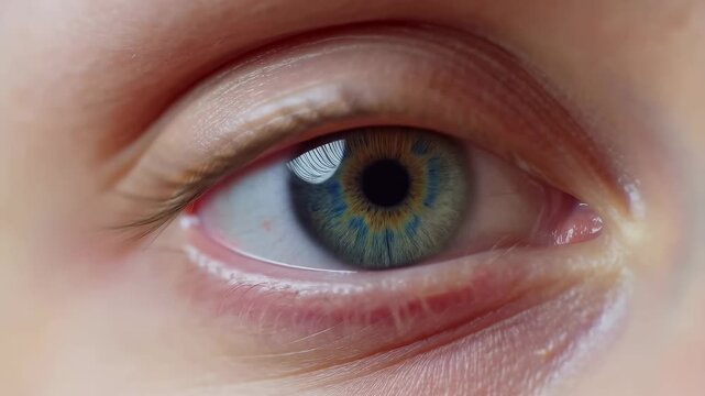 Close-up of a human eye revealing intricate details and vibrant colors. Eye represents perception, emotion, and individuality in human experience