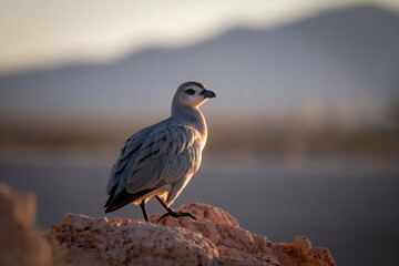 Fototapeta premium A beautiful wild bird perched on a rocky outcrop during golden hour, captured with shallow depth of field against a soft mountain landscape background.