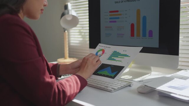 Professional asian businesswoman working at her desk, meticulously reviewing financial documents and comparing data on her computer screen
