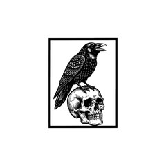 Obraz premium Vintage raven perched on human skull vector, gothic crow and skeleton head illustration, black and white occult woodcut style art