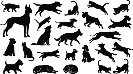 Obraz premium Large collection of domestic dog and cat silhouettes in various active poses isolated on white background