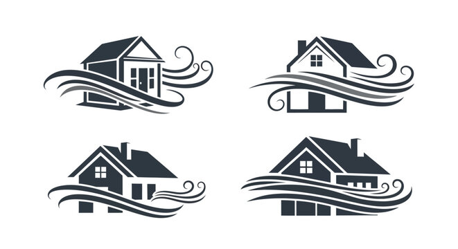 Set of house icons showing effects of wind and storm
