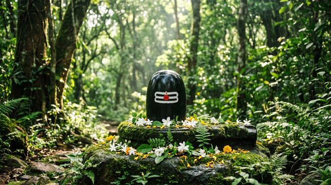 Sacred Shiva Lingam Made of Smooth Black Stone Decorated with Bilva Leaves and Green Moss for Hariyali Amavasya Celebration and Hindu Worship Ritual