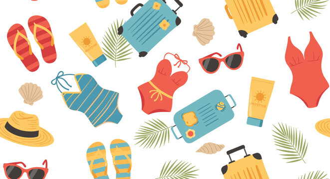 Bright seamless pattern of summer travel and beach essentials including swimsuits, sunglasses, and suitcases on white background.