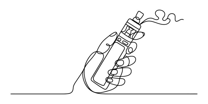 Hand holding a vape pen with smoke coming out, continuous line drawing