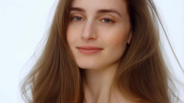 Close-up of a young woman with long hair smiling softly against a light background. Represents beauty, confidence, and self-expression in personal branding