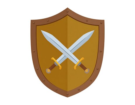 Cartoon illustration featuring a brown shield with rivets, crossed swords, and a light-brown central design