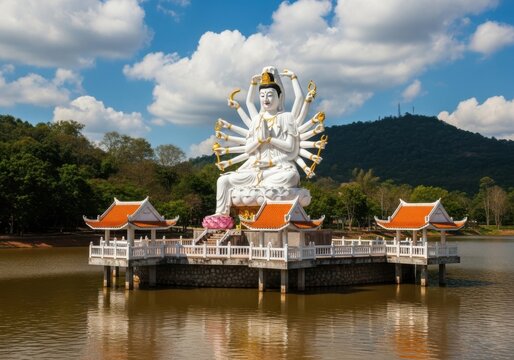 Large white multiarmed statue of guanyin on a platform in a lake