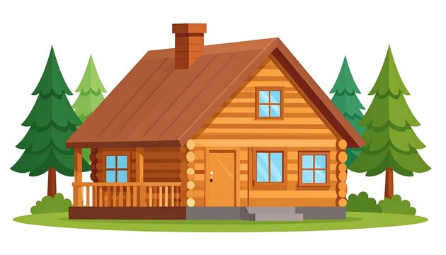 Cartoon illustration featuring a cozy cabin with a wooden facade, chimney, small windows, door, and a grassy foreground. Surrounding tall, evergreen trees