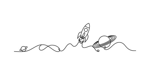 Rocket ship flying past planets in space, continuous line drawing © Jotish_Design Store