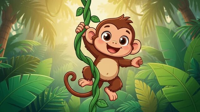 Joyful baby monkey swinging playfully vine vibrant lush jungle, surrounded by green tropical leaves, playful and joyful moments