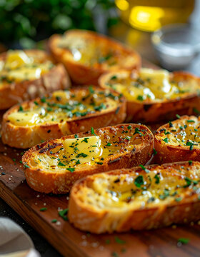 Crispy garlic bread, melted butter and herbs, tasty food, appetizing snack, kitchen lighting. Close-up.