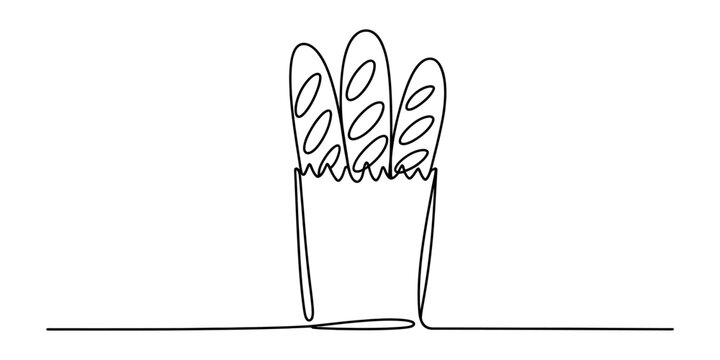 Three baguettes in a paper bag, simple line art drawing