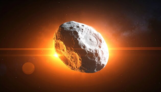 A glowing sun illuminates a cratered, irregular asteroid in deep space
