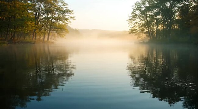 Nature Calm Background Calm lake morning mist sunrise light forest reflection tranquil water nature landscape serene scene golden foliage peaceful mood gentle autumn trees and soft fog over calm