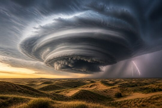 Supercell thunderstorm rotating over rolling grassland hills with lightning
