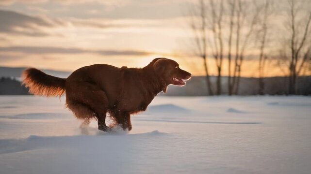 Joyful brown dog dashing and running through fresh snow sunset peaceful winter landscape, playful, energetic, serene and playful