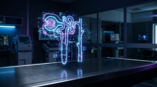 Futuristic glowing 3D hologram of a kidney nephron anatomy floating above a steel table in a modern dark medical laboratory
