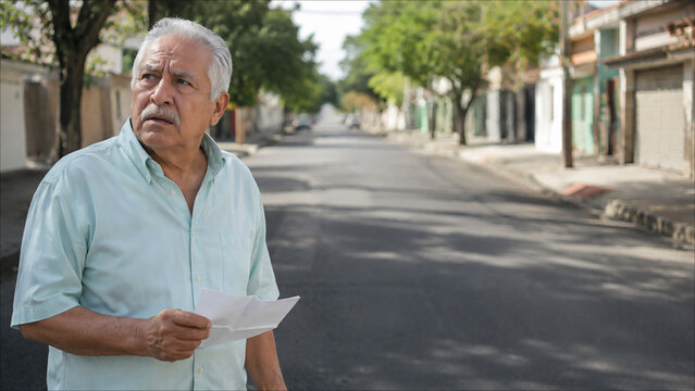 Confused elderly man holding paper on empty street, memory loss and disorientation