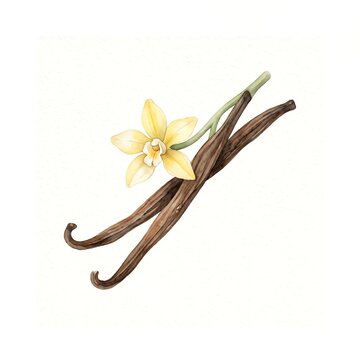 Watercolor botanical illustration of vanilla beans and a yellow flower isolated on a white background