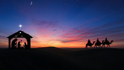 Naklejka premium Nativity scene silhouette with wise men traveling by camel under a starry sky