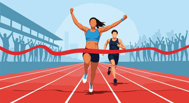 Strong female athlete crossing red finish line with arms raised celebrating victory in stadium running competition event.