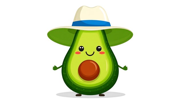 Cartoon illustration featuring a smiling, anthropomorphic avocado wearing a white fedora hat with a blue band. Its open, seed-filled interior is visible