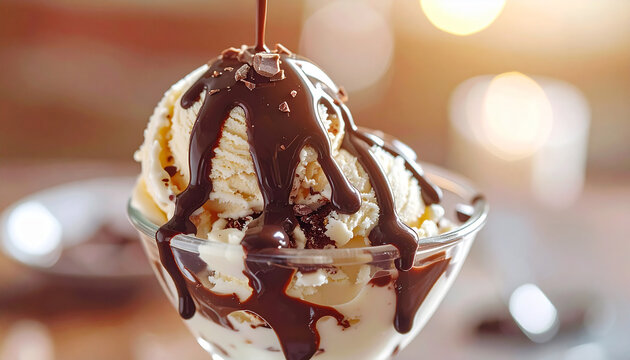 Ice cream sundae with melting chocolate sauce, appetizing sweet food, tasty dessert concept. Close-up.