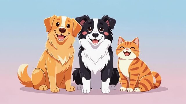 Joyful golden retriever playful border collie happy orange tabby cartoon smiling cute pet animal moments together