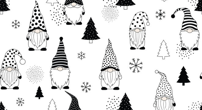 Seamless pattern featuring cute black and white Christmas gnomes with polka dot and striped hats among snowflakes and trees.
