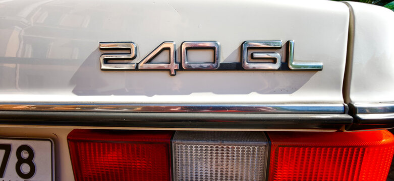 Saint Petersburg, Russia - May 23, 2026: Volvo 240 GL badge displayed on the rear of a classic car with chrome trim and distinctive tail lights visible