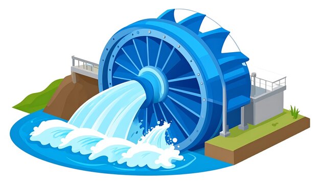 Cartoon illustration of a blue turbine harnessing water. The water flows powerfully, generating energy. Landscape features surround it