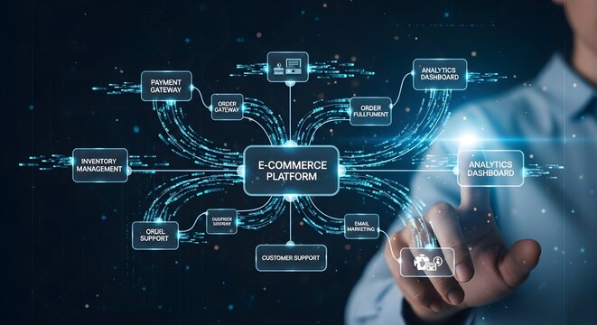 E-commerce platform diagram with interconnected modules and a businessman's hand interacting with the interface