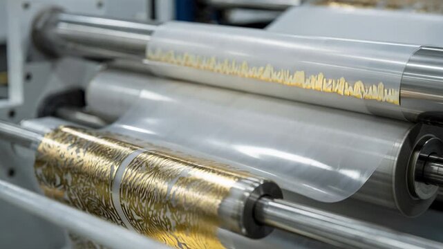 Footage of metallic gravure printing on film rolls highlighting reflective gold and silver patterns enhancing luxury packaging designs in a hightech production line