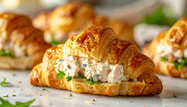 Mini croissant sandwiches with chicken salad, creamy texture, tasty food. Appetizing snack. Cooking and culinary concept. Close-up.