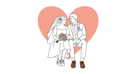 Fototapeta premium Line art illustration of a bride and groom sitting together and holding a bouquet in front of a large pink heart.