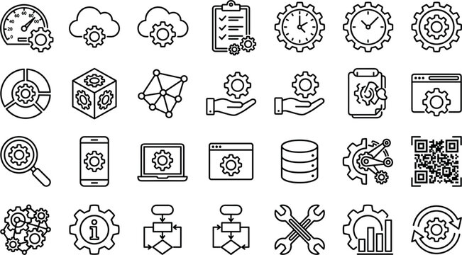 Process optimization and system settings line icon set featuring gears workflows cloud computing data management and technical support vectors