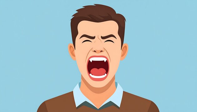 Cartoon illustration of a man with brown hair and a light blue collared shirt. He is wide-eyed, screaming, and showing an open mouth