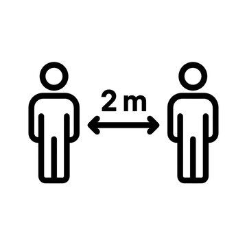A safe social distance linear icon showing two human silhouettes with a 2m arrow on transparent background, with copy space. It is ideal for healthcare sites and virus prevention posters.