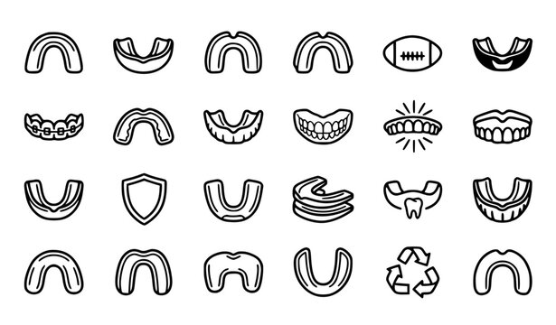 Mouth Guard Black Outline Icons Set Featuring Sports Dental Protection MMA Boxing and Athletic Safety Gear Symbols