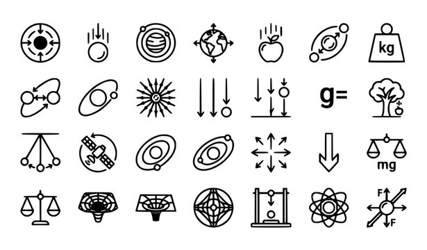 Gravity Force Black Outline Icons Set Featuring Physics Attraction Free Fall and Space Gravity Symbols