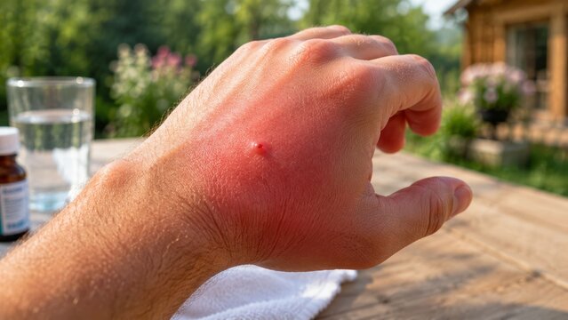 Swollen hand after bee sting. Photorealistic close-up summer garden scene.