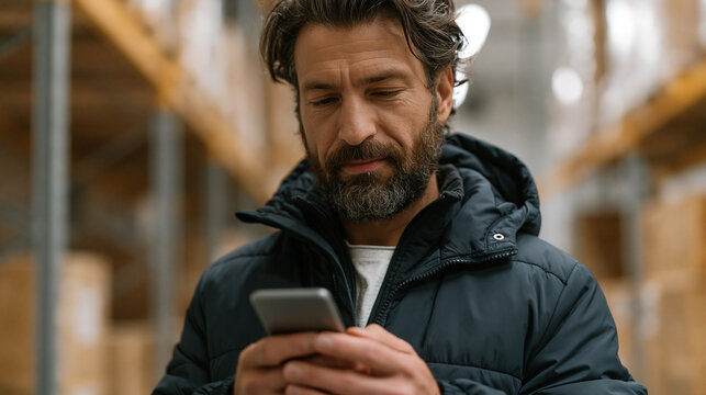 Cold storage IoT monitoring alert notification lighting up a smartphone screen held by a logistics manager in a chilled warehouse aisle, a temperature deviation warning on a