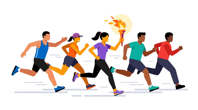 Dynamic illustration of a running athlete holding a burning torch with colorful abstract motion lines