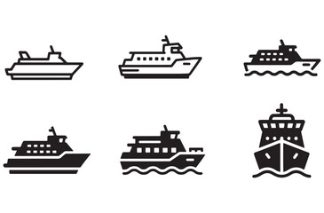 Selection of black ship and ferry icons showing different types and angles of watercraft for marine travel and transportation themes © Amdadul